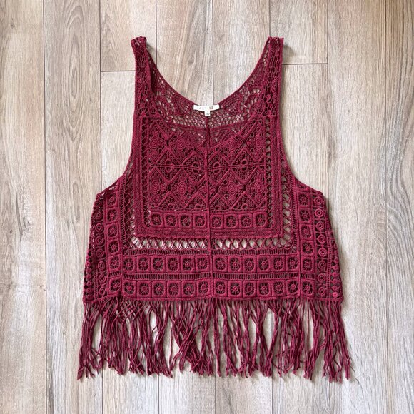 Active Crochet Fringe Burgundy Tank Top Womens Small Boho Festival Retro 70s - Picture 10 of 13